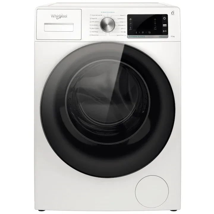 Masina de spalat rufe Whirlpool Supreme Silence W6W045WBEE, 10 kg, 1400 rpm, Clasa B, Al 6-lea Simt, Motor Zen Direct Drive, FreshCare+, Steam Refresh, Steam Hygiene, Display LCD, Alb