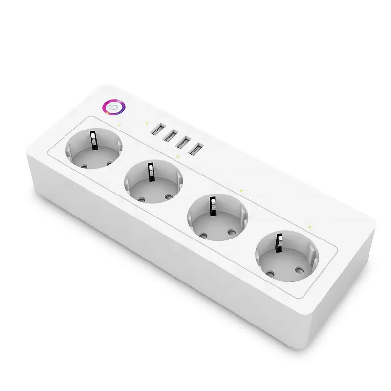 Prelungitor inteligent Smart WiFi cu 4 prize Schuko controlabile individual si 4 porturi USB, compatibil Google Assistant si Amazon Alexa, control aplicatie Tuya / Smart Life, programabil, protectie supratensiune, 16A, 3300W, cablu 1.5m