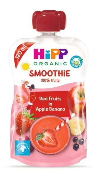 Smoothie de fructe rosii, mere si banane Hipp, de la 1 an, 120 ml