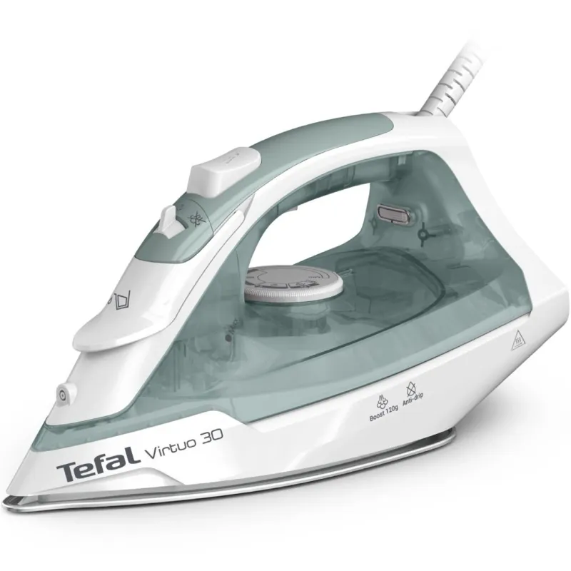 Fier de calcat cu abur Tefal Virtuo FV2C42E0, 2000W, jet de abur 120 g/min, abur variabil 0-27 g/min, rezervor apa 240 ml, talpa ceramica, varf de precizie, sistem anticalcar, protectie antipicurare, verde & alb
