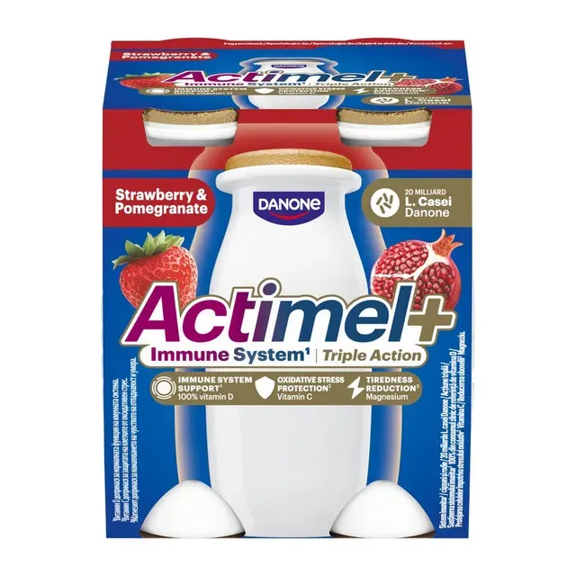 Iaurt de baut Actimel, cu capsuni si rodie, 4 x 100 g