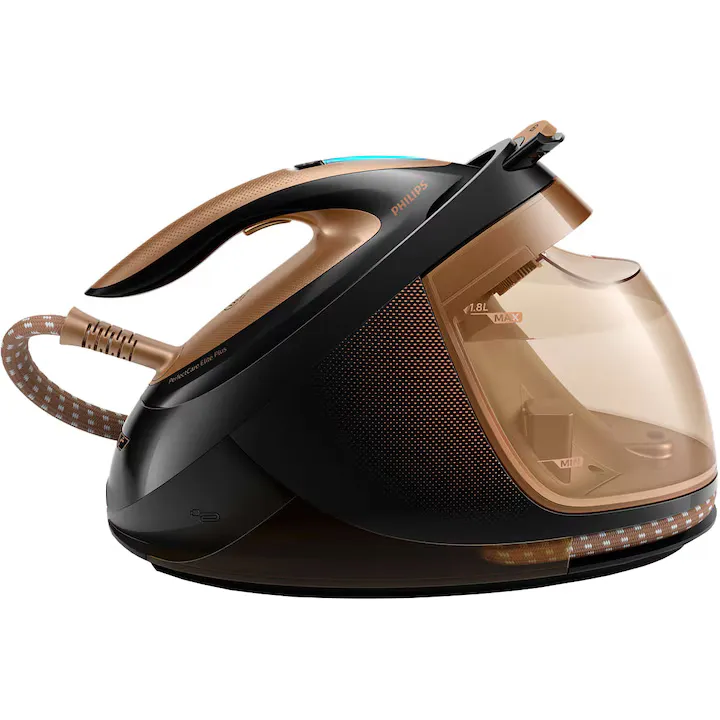 Statie de calcat cu abur Philips PerfectCare Elite Advanced GC9682/80, 2700W, 8 bari, jet de abur continuu 165 g/min, jet de abur 600g, talpa T-ionicGlide, tehnologie OptimalTemp, rezervor 1.8L, sistem Easy De-Calc Plus, Auriu/Negru