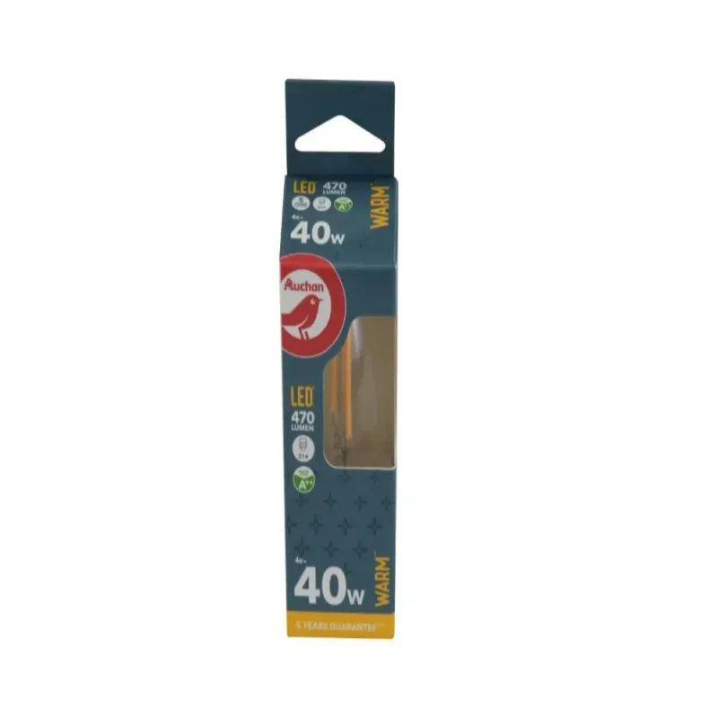 Bec LED AUCHAN 4W  E14 EQ 40W, lumina calda filament C37