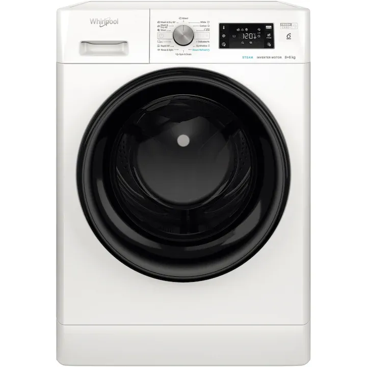 Masina de spalat rufe cu uscator Whirlpool FreshCare+ FFWDB864349BVEE, 8 kg spalare, 6 kg uscare, 1400 RPM, Clasa B, Tehnologia al 6-lea Simt, FreshCare+, Motor Inverter, Display Digital, Alb