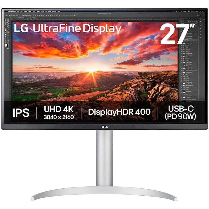 Monitor LED LG 27UP850K-W, 27", UHD (3840x2160), IPS, 60Hz, 5ms (GtG), HDR10, DisplayHDR™ 400, Dynamic Action Sync, Super Resolution+, Flicker Free, Black Stabilizer, Maxx Audio, Difuzaoare 5Wx2, HDMI, DP, USB-C 90W, Pivot, Silver
