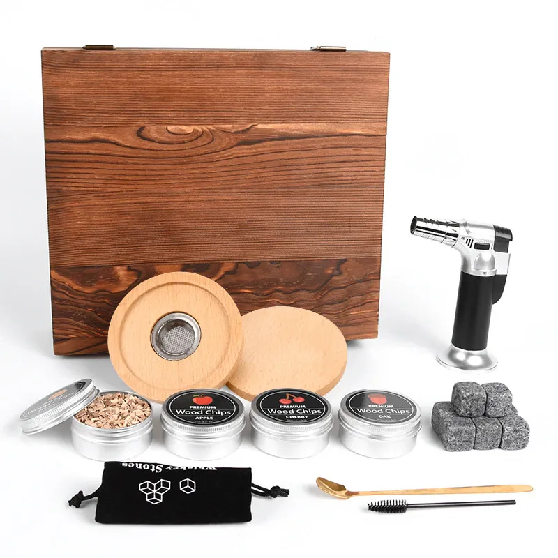 Set kit de afumator de cocktail/whisky cu torta,9 piese, 8 pietre de whisky de granit, kit de afumator de whisky cu 4 arome, Accesorii Premium - Kit Cadou Barbati
