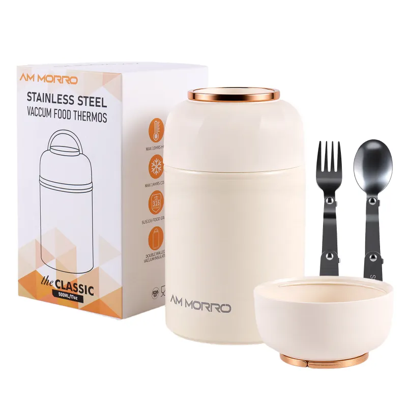 Termos Alimente Am Morror®, 500 ml, Lingura si Furculita Pliabila Incluse, Otel Inoxidabil Etans, Portabil, Capac cu Maner Integrat Utilizabil ca Bol, Termos pentru Depozitare Alimente, Izolatie Termica 12 Ore, Perfect pentru Pranz sau Calatorii, Crem