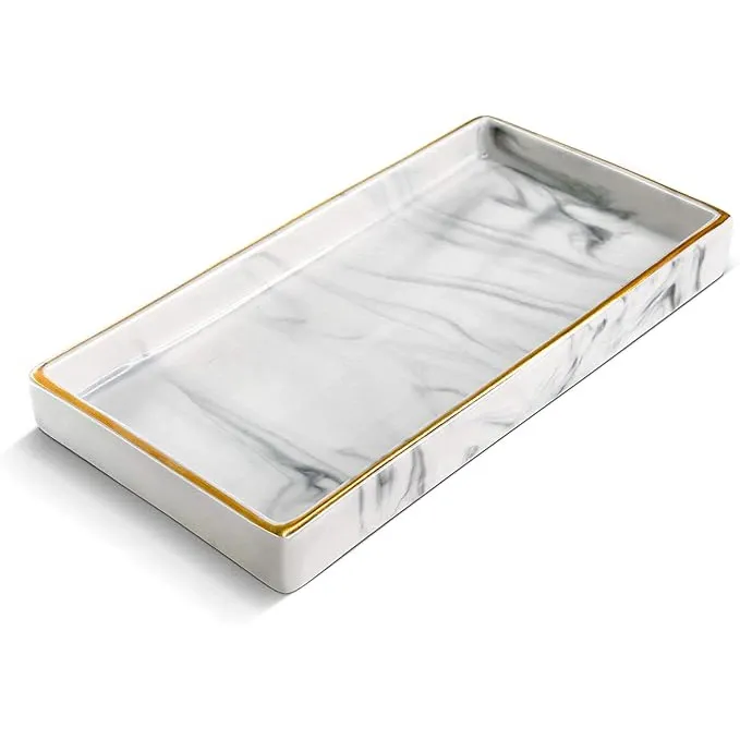 Tava decorativa din ceramica pentru baie si masa de toaleta, cu finisaj alb de marmura, pentru lumanari si bijuterii, Suport elegant pentru parfumuri si accesorii, 23 x 11, 5 x 2, 5 cm