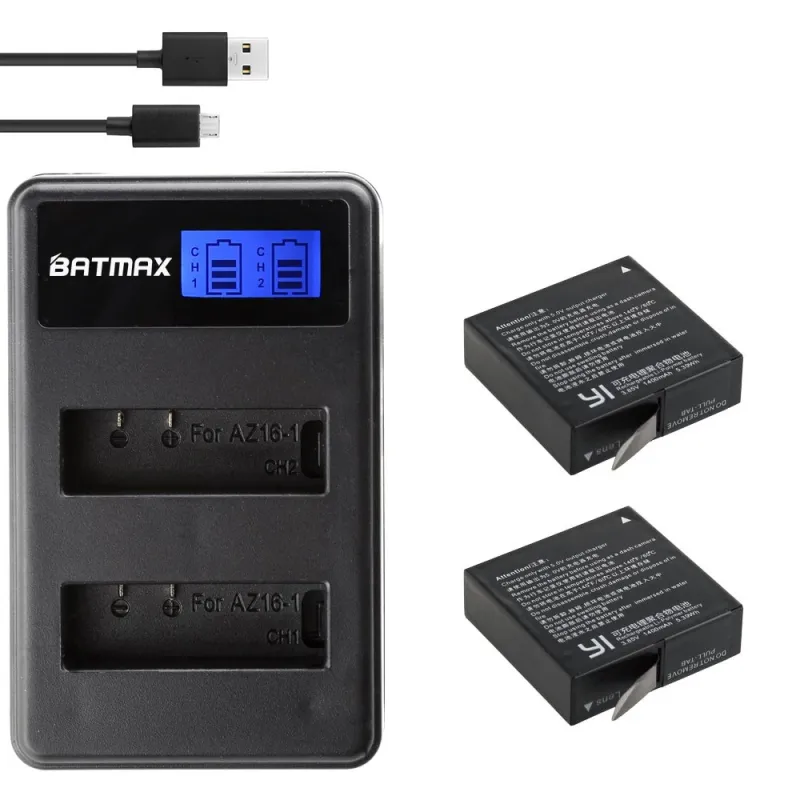 Set 2 acumulatori AZ16-1 1400mAh + incarcator dublu pentru camere video de actiune Xiaomi YI 4K YI 4K+ Yi Lite