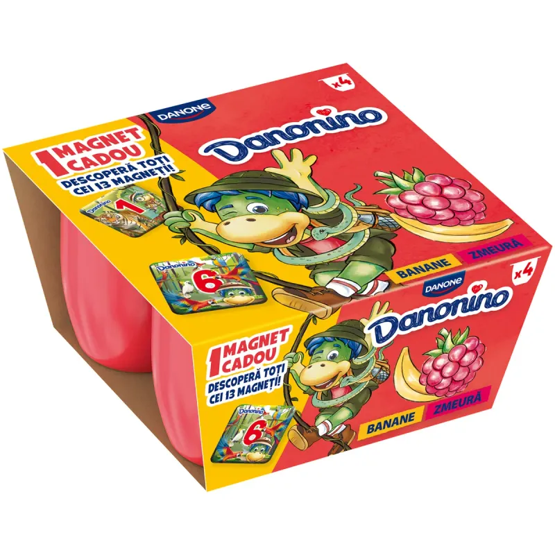 Branzica de vaci Danonino, cu piure de zmeura si banane, 4 x 50 g