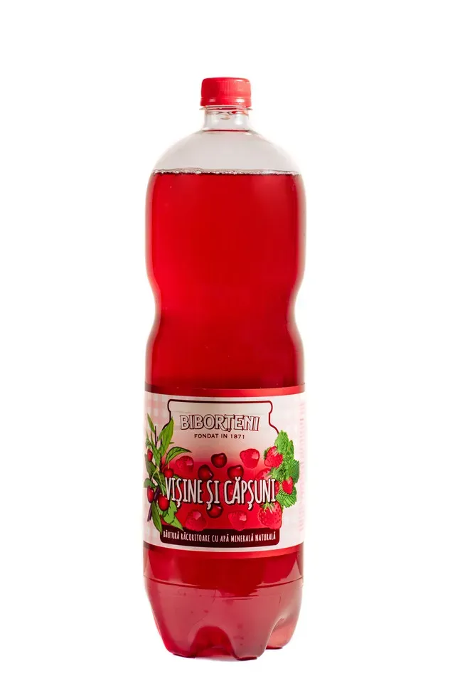 Bautura carbogazoasa cu aroma de visine si capsuni Biborteni, 2 l