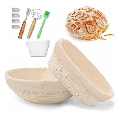 Set de 2 cosuri ratan pentru dospit paine – cos rotund de 22, 9 cm si cos oval de 25, 4 cm cu captuseala din in, racleta pentru aluat, lama de taiat si pensula de silicon pentru copt