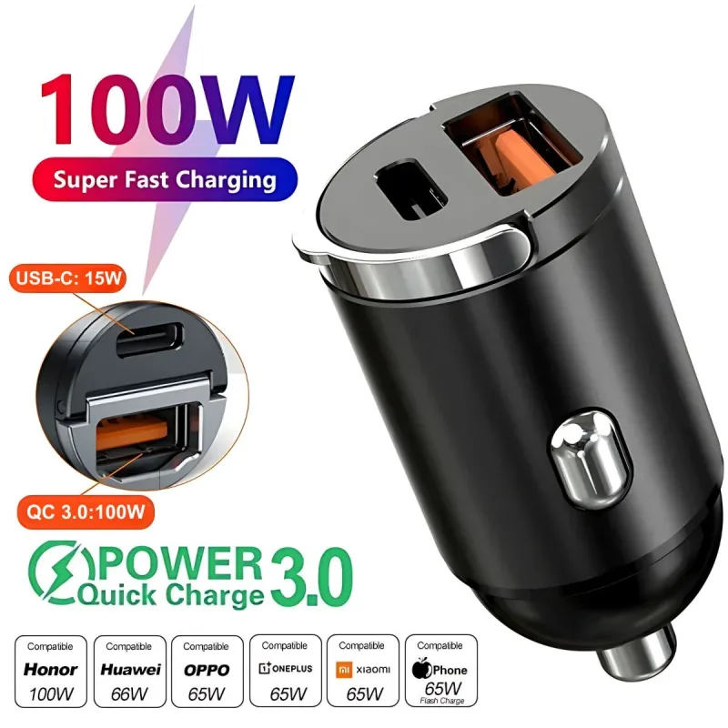 Incarcator auto, hidden design, AHA PRINT®, SuperFastCharge 100W, USB-A 100W + USB Tip C PD 15W incarcare rapida, compatibil Apple, Samsung, Huawey, tableta, corp metalic, 12-24V, Negru