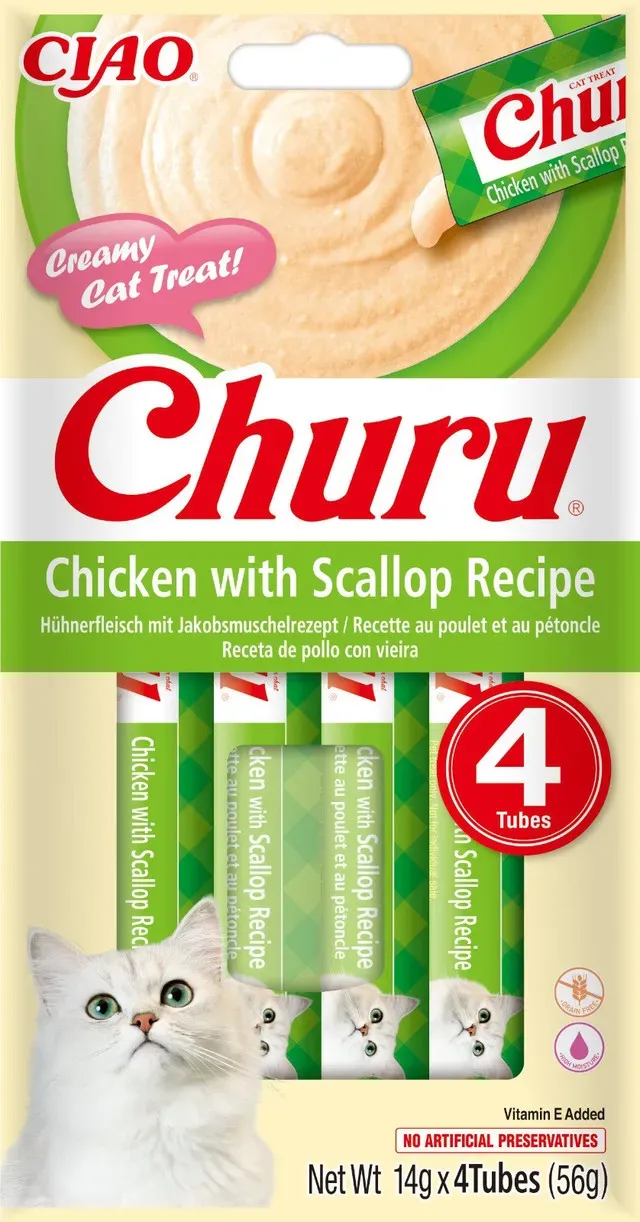 Recompense cremoase pentru pisici Inaba Churu, pui si scoici, 4 x 14 g