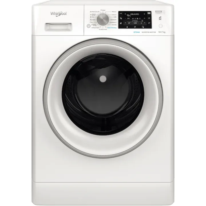 Masina de spalat rufe cu uscator Whirlpool FreshCare+ FFWDD1076258SVEE, 10 kg spalare, 7 kg uscare, 1600 RPM, Clasa B, Tehnologia al 6-lea Simt, FreshCare+, Motor Inverter, Display LCD, Alb