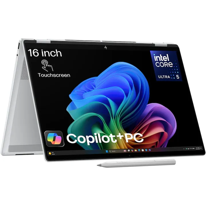 HP OmniBook X Flip Next Gen AI 16-as0025nn cu procesor Intel® Core™ Ultra 5 226V pana la 4.5GHz, 16'', 2K, IPS, Touch, 16GB LPDDR5x RAM, 512GB SSD, Intel® Arc™, Windows 11 Home, Glacier silver