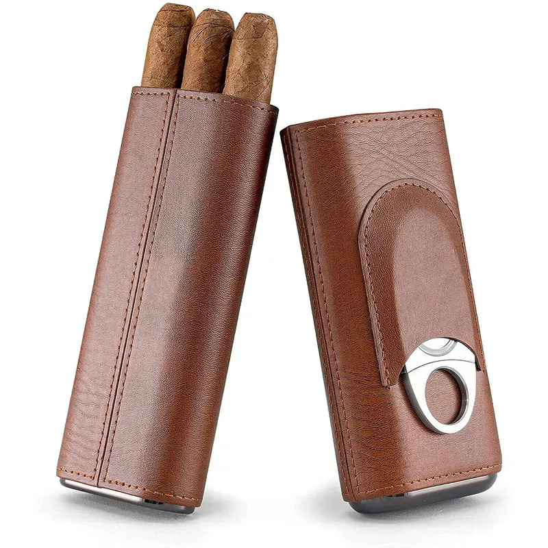 Cutie de trabucuri set de trabucuri cu 3 degete din piele captusita cu lemn de cedru, Caz pentru tigari, din piele, cu taietor din otel inoxidabil, set pentru 3 tigari, WALALLA, maro deschis