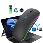 Mouse Wireless Fbirddek® 518 Bluetooth 5.1 si 2.4GHZ, 7 culori cu LED-uri, Receptor USB, Mut, 4 Butoane, Reglabil 800/1200/1600DPI, Ergonomic, Pentru laptop PC Mac, 500mAh, Iluminare RGB, Negru mat