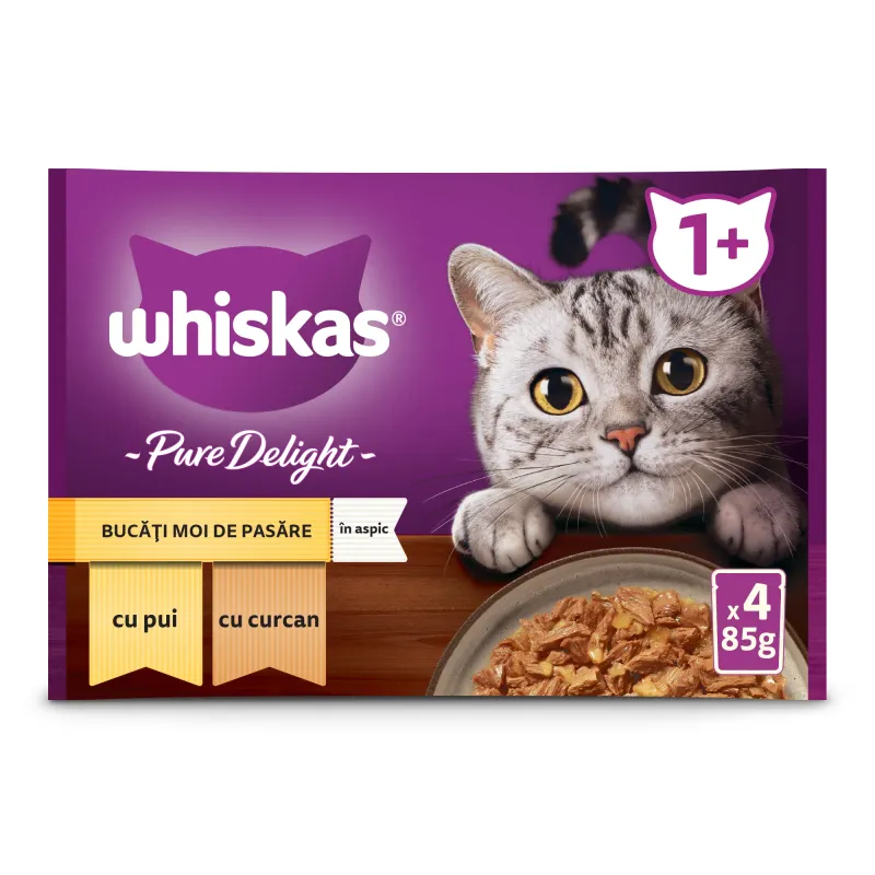 Hrana umeda pentru pisici adulte Whiskas Pure Delight cu carne de pasare in aspic, 4 x 85 g