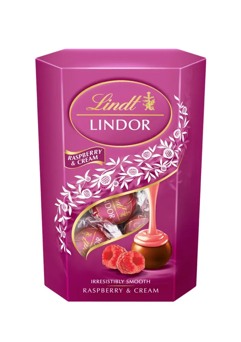 Bomboane din ciocolata cu lapte si umplutura cu aroma de zmeura si frisca Lindt Lindor, 200 g