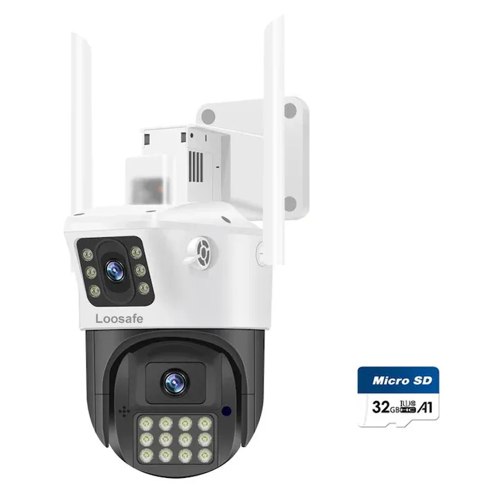 Camera de Supraveghere Dubla Wireless CCTV Loosafe® 80MX, 8MP, Exterior/Interior, Ultra HD, 5X zoom, Rotire, Leduri lumina, Functie WiFi, PTZ, Comunicare Bidirectionala, Senzor Miscare, Vedere Noaptea, Sirena, Negru