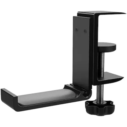Suport pentru casti, vienod, Pliabil, Instalare verticala / orizontala, Protectie din silicon, Negru