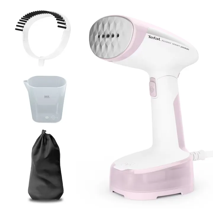 Aparat de calcat vertical cu abur Tefal Access Steam Pocket DT3050E1, 1300 W, abur variabil 20 g/min, Oprire automata, husa pentru transport, alb & roz