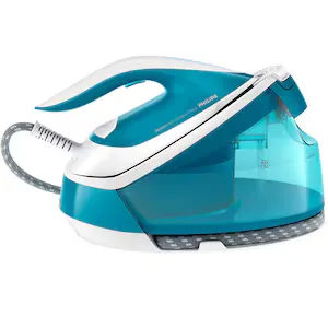 Statie de calcat cu abur Philips PerfectCare Compact Plus GC7920/20, 2400W, 6.5 bari, jet de abur continuu 120 g / min, jet de abur 430 g, talpa SteamGlide Plus, tehnologie OptimalTemp, sistem de detartrare Smart Calc Clean, albastru