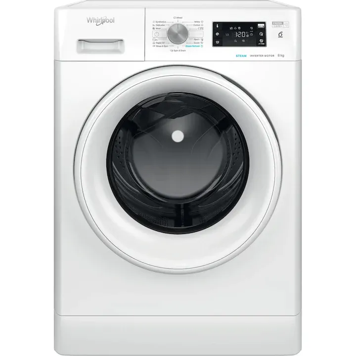Masina de spalat rufe Whirlpool FreshCare+ FFB 8258 WV EE, 8 kg, 1200 rpm, Clasa B, Steam Refresh, Tehnologia al-6lea Simt, Motor Inverter, Alb