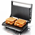 Sandwich Maker 900W cu Placi Antiaderente Salestore.ro®, Aparat pentru 2 Sandwich-uri, Deschidere 90°, Suprafata de gatire 22 x 14 cm, Incalzire Rapida, Protectie Supraincalzire