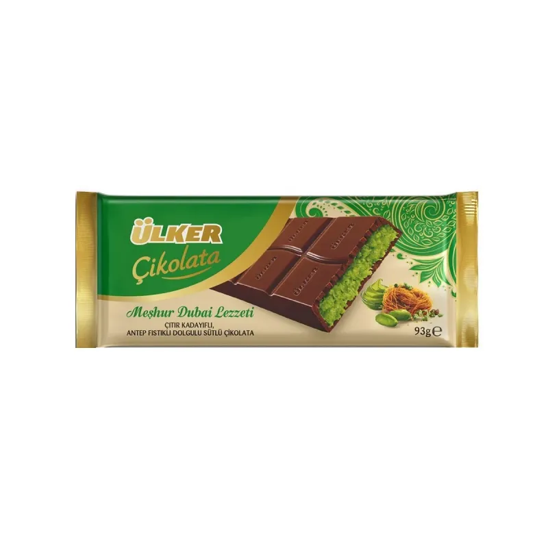 Ciocolata dubai Ulker, umplutura cu crema cu fistic si kadayif, 93 g