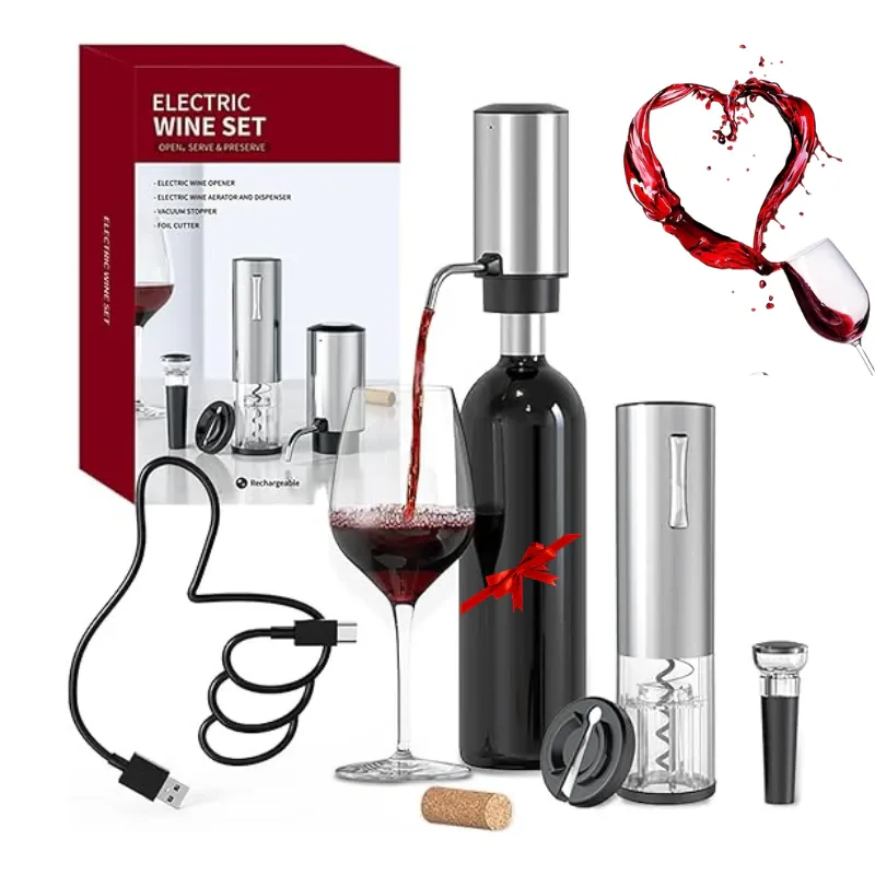 Tirbuson electric automat, reincarcabil, Set 4 in 1, aerator si dozator de vin electric, accesoriu taiat sigiliu sticla, dop sticla vin cu pompa vid pentru a scoate aerul, functie inainte-inapoi, One-Touch, cablu USB, smart, INOX, ABS, FilSAB