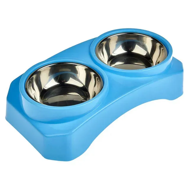 Bol dublu cu suport pentru caini si pisici Auchan, inox, 32.8 x 18 x 8.5 cm, diverse culori