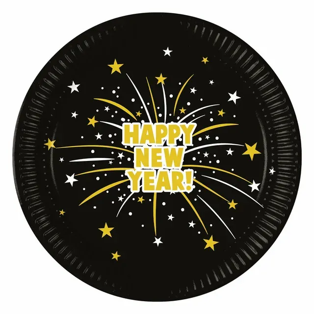 Set 8 farfurii din carton Happy New Year, 23 cm, negru/auriu