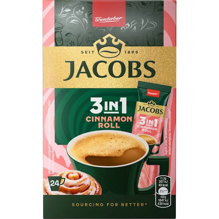 Cafea solubila, Jacobs 3in1 Cinnamon Roll, 24 plicuri x 12.4g, 297.6 g