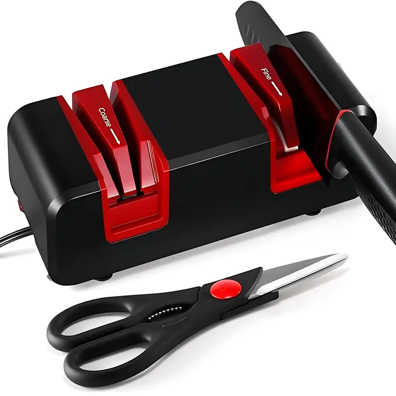 Ascutitor de Cutite Electric, BYONDSELF®, 4 Nivele de Ascutire, 50W, Baza Cauciuc Antiderapanta, Ascutire, Finisare, Slefuire, Indreptare, Rosu/Negru