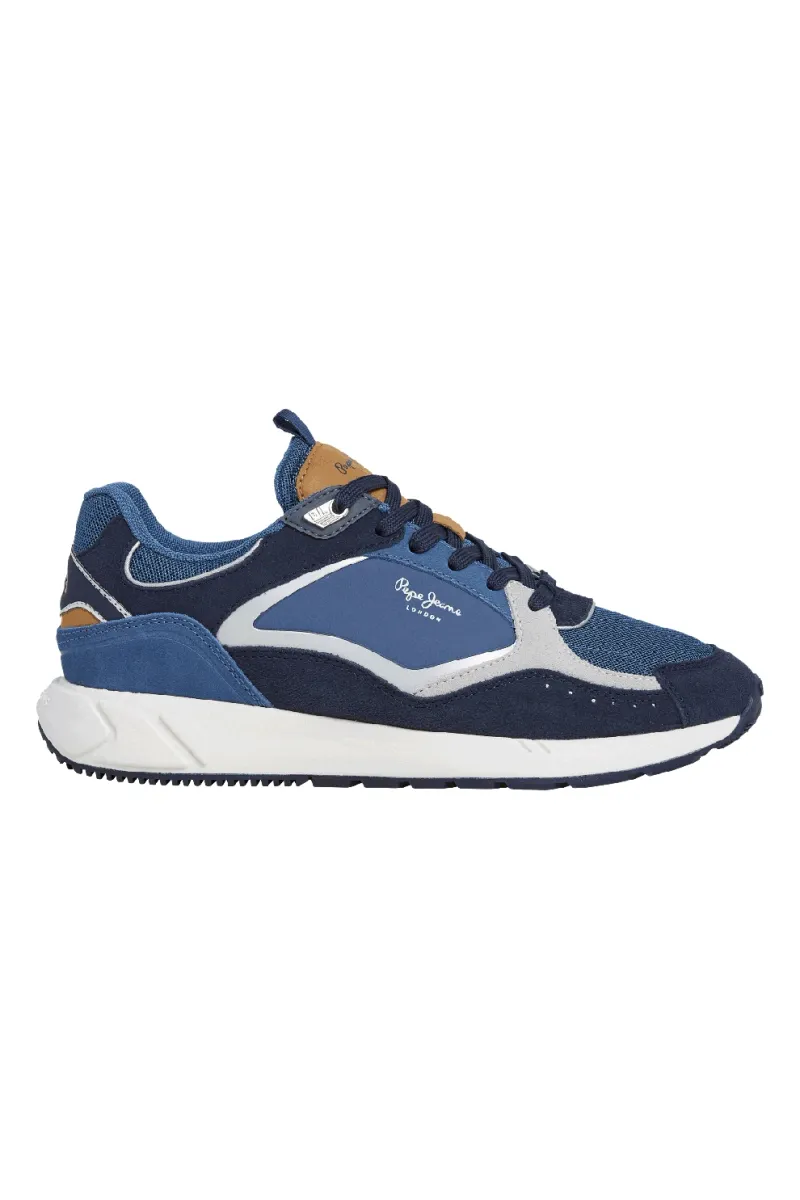 Pepe Jeans London, Pantofi sport din piele intoarsa cu insertii din denim, Gri cenusiu/Albastru