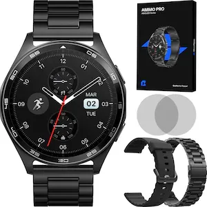 Ceas smartwatch barbati, Qualtec by Koppel®, ecran AMOLED 1.43", rezolutie 466x466, inteligent, fitness, sport, rezistent apa 3ATM, smart, notificari, wireless, apel Bluetooth, microfon HD, limba romana, curea metalica, 2 bratari incluse, AMMO PRO, negru