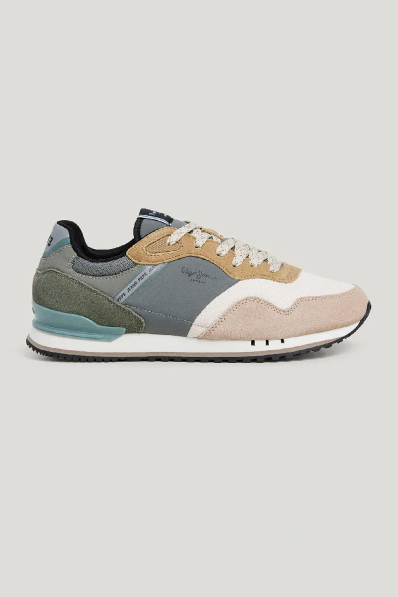 Pepe Jeans London, Pantofi sport de piele ecologica cu insertii de material textil, Alb/Negru/Albastru prafuit/Verde sparanghel