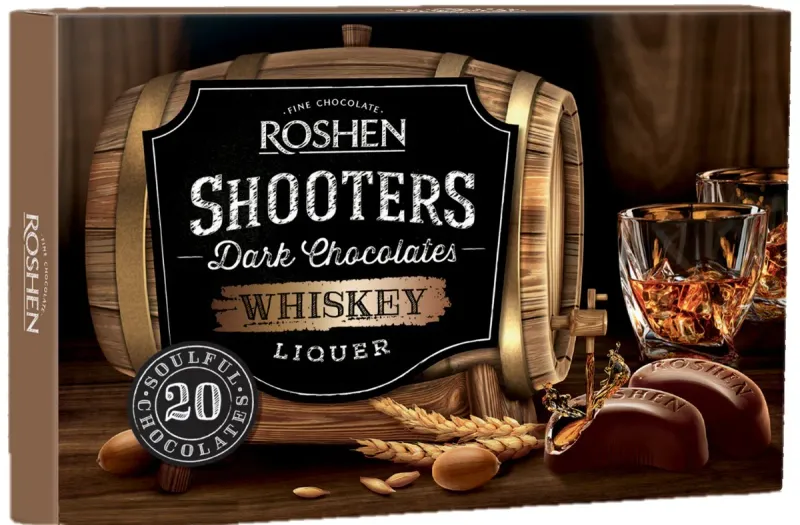 Praline de ciocolata neagra si umplutura cu whisky Roshen Shooters, 150 g