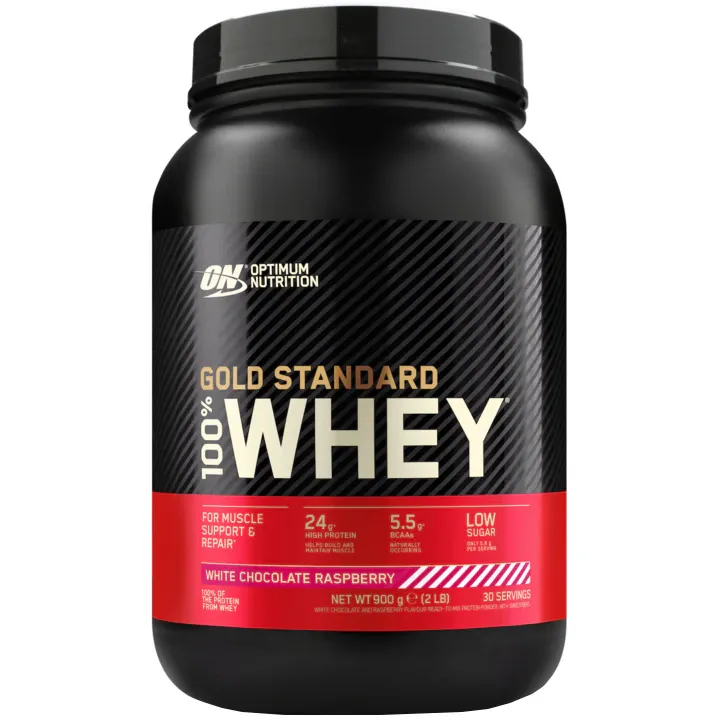 Proteine din zer, pudra proteica Optimum Nutrition, ON 100% Whey Gold Standard, aroma ciocolata alba si zmeura, 896g