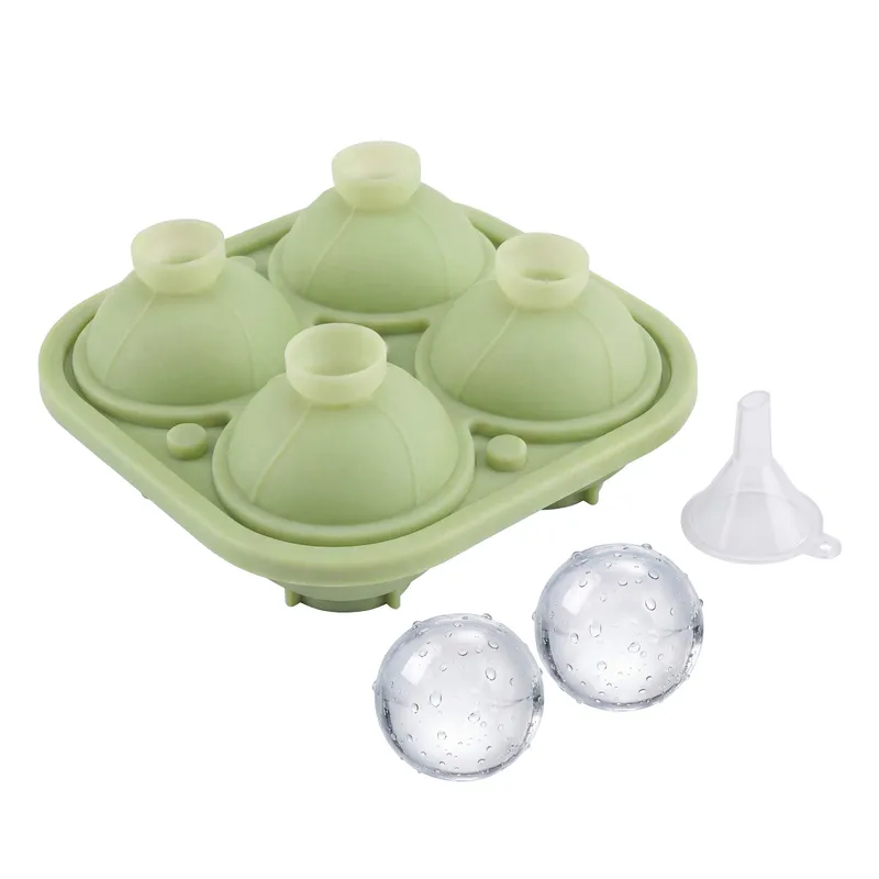 Forme cuburi de gheata, Forma din Silicon pentru 4 Sfere de Gheata Gigant (5 cm), Ideala pentru Whiskey, Cocktail si Gin, Include Palnie pentru Umplere, Capac Etans, verde