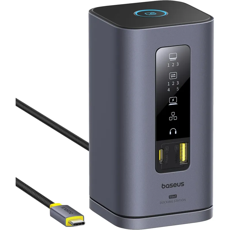 Statie de andocare Baseus Spacemate Series 11in1 extindere la 3 monitoare 4K, 3 x HDMI 4K, Displaylink, 3 x USB-A, 2 x USB-C, 1 x Ethernet RJ-45 1GBPS, 1 x AUX, pentru MacBook M1/M2/M3 si Windows, cu buton blocare ecran si baza magnetica