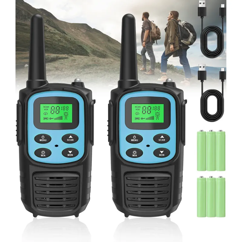 Set de 2 emitatoare si receptoare radio portabile, walkie-talkie, 8 frecvente canale si 99 CTCSS, 3 frecvente radio FCC ID, reincarcabil, ecran LCD, raza de comunicare de pana la 8 km, VOX LCD, mufa de 2,5 mm, lanterna, albastru
