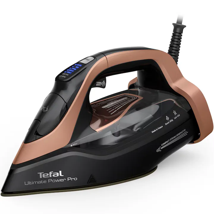 Fier de calcat cu abur Tefal Ultimate Power Pro FV9E50E0, 3200W, jet de abur 300 g/min, abur variabil 0-85 g/min, rezervor apa 350 ml, talpa Durilium AirGlide AutoClean, oprire automata, panou comanda LED, filtru anticalcar, sistem antipicurare, negru&roz