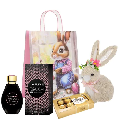 Set Cadou Femei Parfum La Rive Touch of woman 90 ml, Ferrero Rocher, Iepure de Paste din Iarba cu Flori & Panglica Roz 9x12x20cm, Punga Cadou – Cadou Special pentru Ea