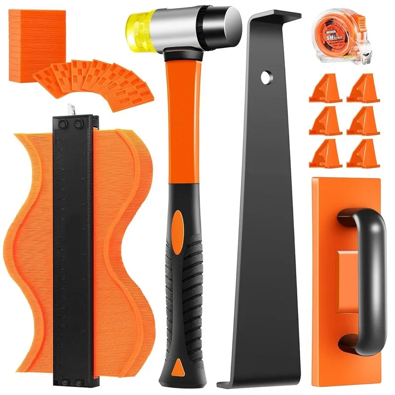 Set unelte pentru montaj parchet, WALALLA, 7 in 1, spacere 2 in 1, ciocan din cauciuc, sablon de contur 10 inch, portocaliu/negru