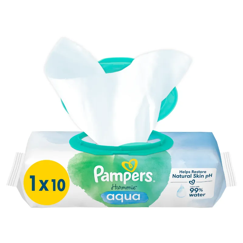 Servetele Umede Pampers Harmonie Aqua, pentru piele sensibila, fara parfumuri, ingrediente naturale, 10 buc.