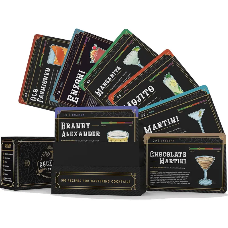 Set de carti de cocktailuri, BOMSTOM, 100 de retete de cocktailuri, Prezentat ca o fisa de lucru pentru barman, cu instructiuni pas cu pas pentru prepararea cocktailurilor si instructiuni video, 6.5x5 inch