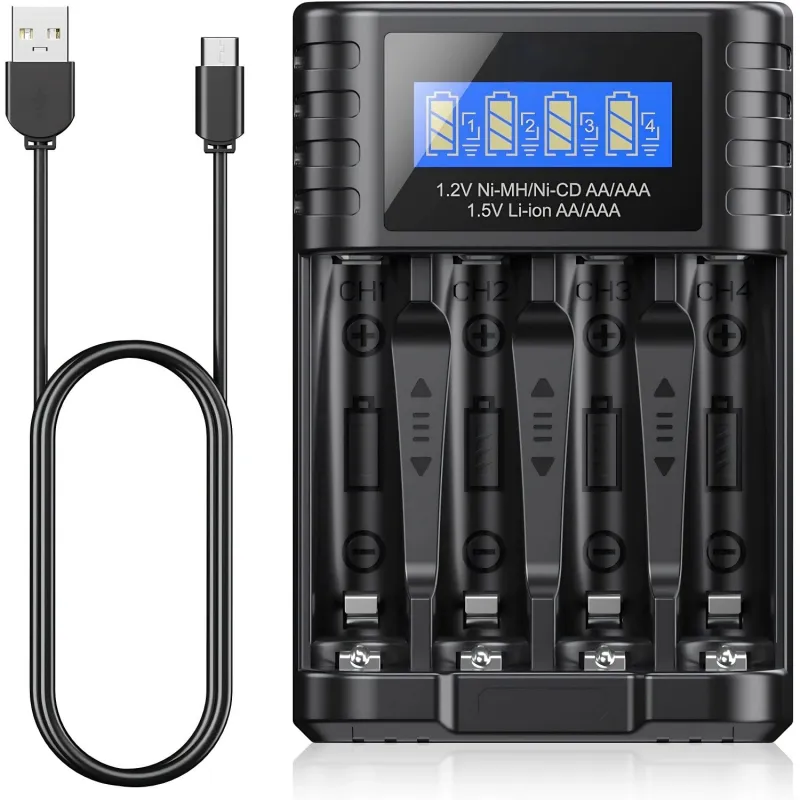 Incarcator baterii reincarcabile, 4 sloturi, Baterii AA AAA 1.5V Li-ion si 1.2V NiMH, Intrare USB-C, afisaj inteligent si sistem de detectare. Negru